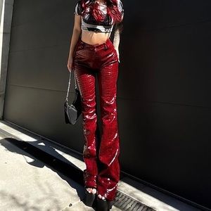 Women's red pants, faux crocodile leather, high waist, size M,flared.